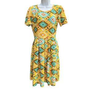 Lularoe Women's Amelia Dress Yellow Aztec Disney Fit Flare Short Sleeves Size XL